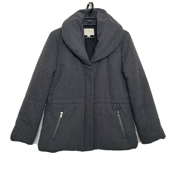 Ann Taylor Loft Puffer Jacket SZ Medium Petite Gray Zip Winter - Picture 1 of 6